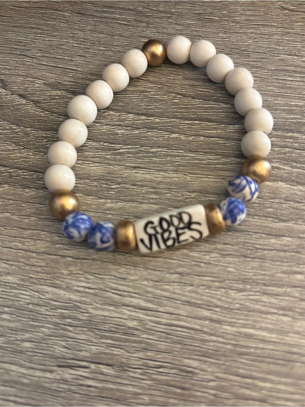 Good Vibes Beaded Stretch Bracelet - White, Blue & Gold
